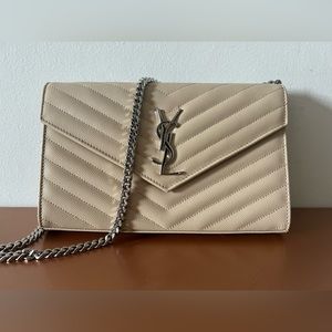 Saint Laurent wallet on a chain in nude and silver